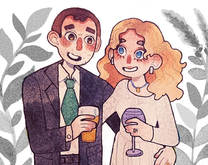 A delightful wedding illustration showing a couple joyfully holding wine glasses, celebrating their special day together.