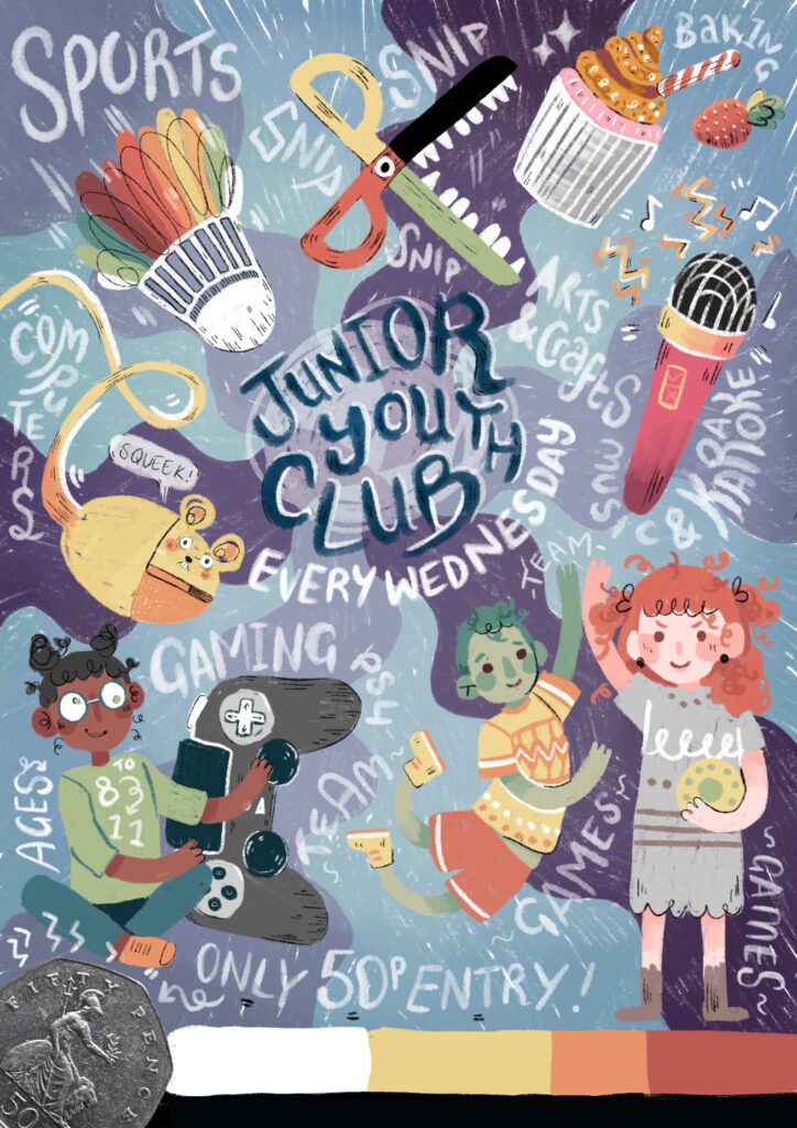 A colorful poster for a "Junior Youth Club" held every Wednesday. The poster features playful illustrations of children engaging in various activities such as sports, gaming, and arts and crafts. Text elements highlight different activities like baking and team games, surrounded by decorative swirls and words. A coin is shown at the bottom left, indicating the entry fee of 50 pence.