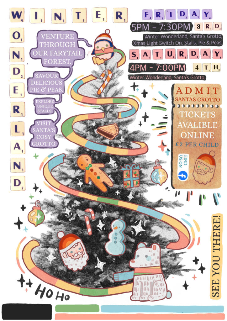 A colorful poster for a "Winter Wonderland" event held on Friday, 3rd, and Saturday, 4th. It features playful illustrations of a Christmas tree, snowman, and Santa Claus. The text highlights activities like visiting Santa's Grotto, enjoying festive food, and engaging in various holiday-themed activities. Event timings are from 5 PM to 7 PM on Friday and 4 PM to 7 PM on Saturday. Admission tickets are available online for £2 per child. The poster includes festive elements like ornaments, winter-themed graphics, and a cheerful "Ho Ho Ho" at the bottom, encouraging attendance.