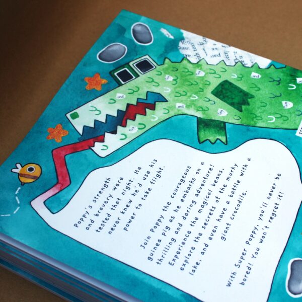 Stack of Super Poppy books topped with a blurb crocodile and bee, depicting a vibrant children's book by Stacey Saunders.