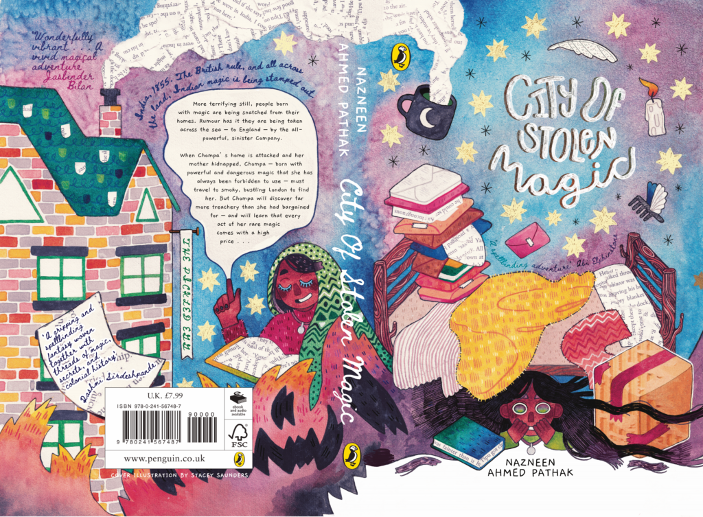 Book cover for "City of Stolen Magic" by Nazneen Ahmed Pathak. The front cover features a whimsical illustration of a bed surrounded by colorful books and magical elements, with a crooked building labeled "The Pickled Egg" depicted prominently. A playful figure peeks out with a mischievous expression against a vibrant purple background. Swirling text and handwritten notes create an enchanting atmosphere. The title is presented in bold, creative lettering, alongside the Penguin logo. The back cover continues the whimsical theme, featuring additional illustrations and a brief description of the story.