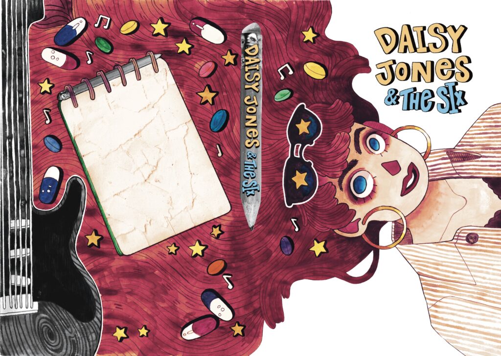 An illustrated book cover for "Daisy Jones & The Six." The design features a vibrant red-haired woman looking up with big blue eyes and bold earrings. Surrounding her are musical notes, stars, and colorful pills scattered over a white background. To the left, there's an electric guitar, and to the right, a notebook with a pen adorned with the title "Daisy Jones & The Six" prominently displayed.