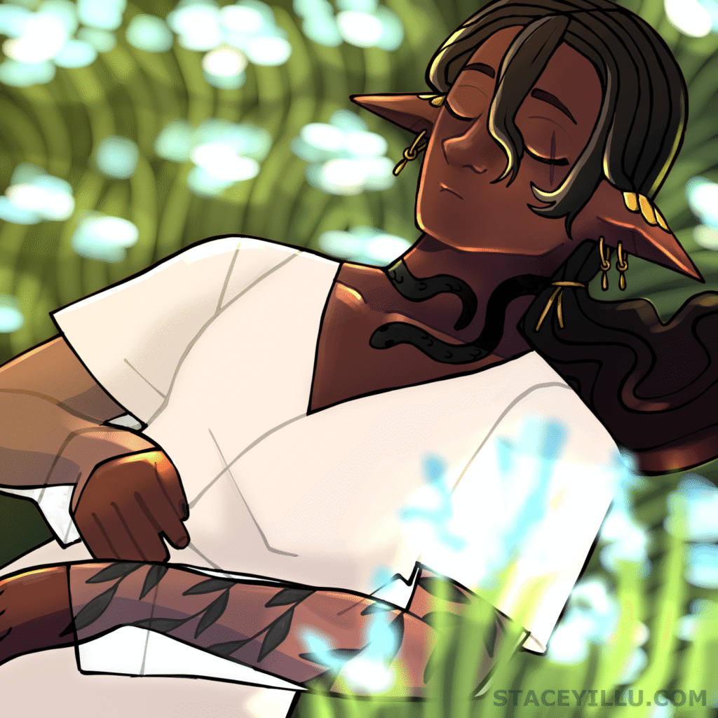 A serene illustration of a dark elf with long hair, resting on grass in a glowing field of blue flowers. They wear a simple white shirt, and a snake tattoo winds around their neck. The tranquil atmosphere is enhanced by the soft luminescence of the surrounding flowers.