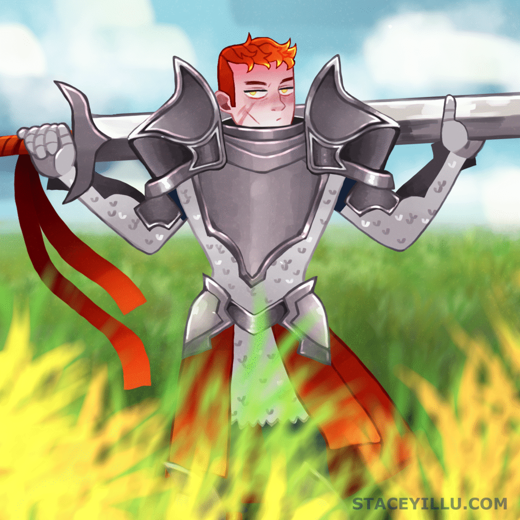 A young knight with bright red hair stands confidently in a field of tall grass, wearing shiny silver armor. He holds a large sword across his shoulders, and a red sash flows behind him. The background features a bright blue sky with fluffy white clouds, enhancing the adventurous atmosphere.