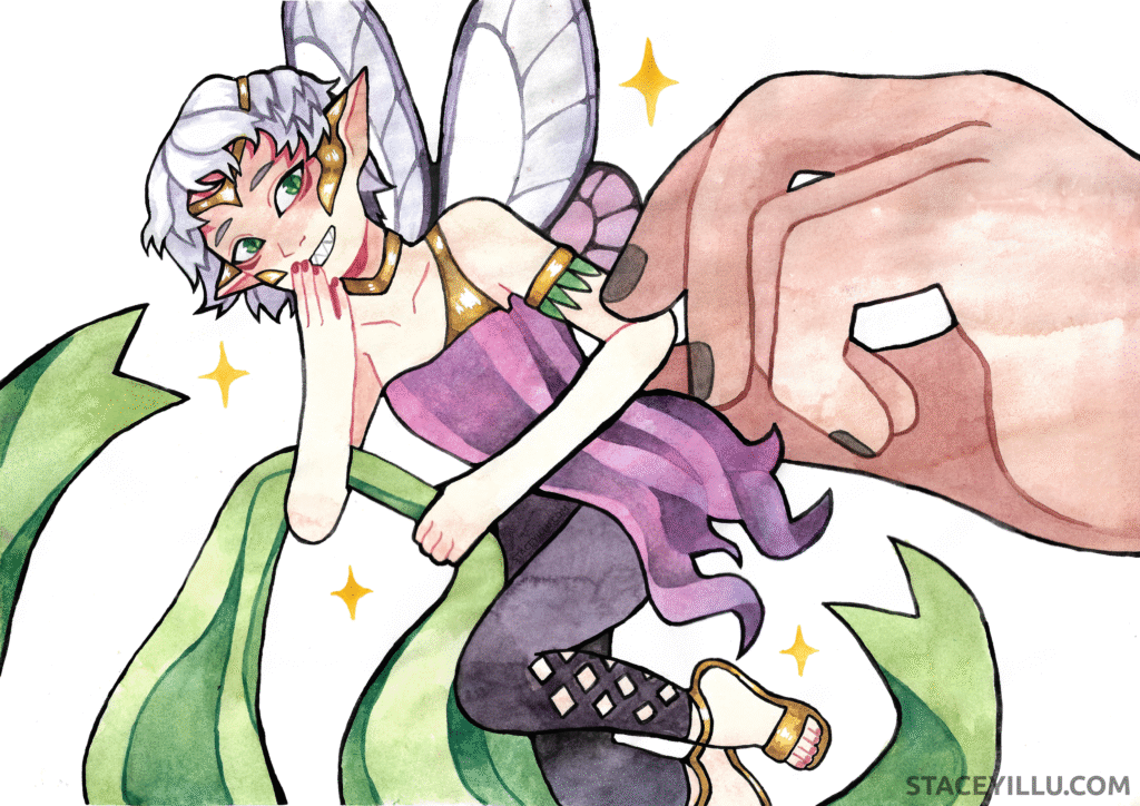 Illustration of a pixie being caught by a large hand while clinging to a vibrant green ribbon. The pixie has playful features, butterfly wings, and a mischievous expression, with sparkling stars adding a whimsical touch to the enchanted scene, highlighting the moment of surprise and capture.